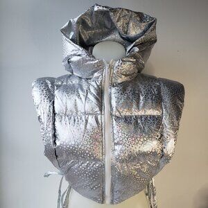 Silver Shine Holographic Crop Puffer Vest Rave Gem Y2K Style Zip + Side Strings